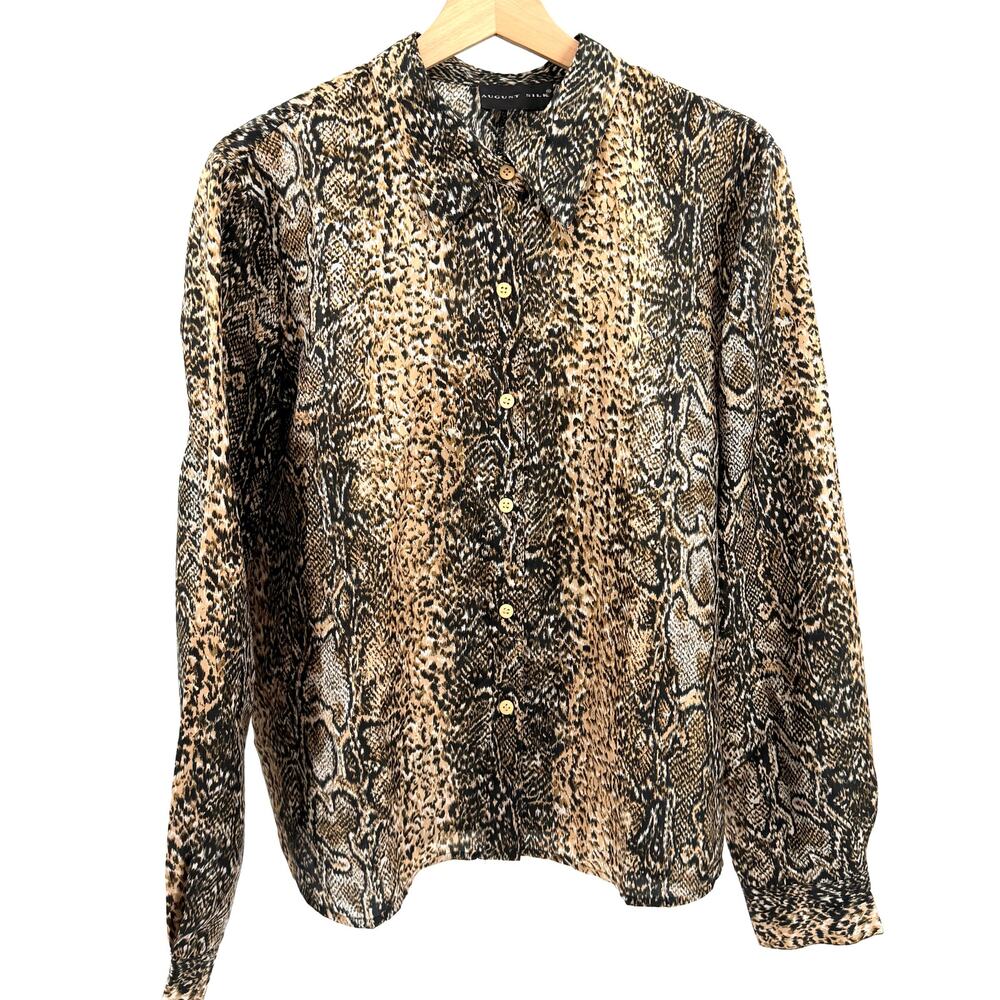 Vintage Y2K August Silk Tan Black 100% Silk Snakeskin Python Button Down Blouse